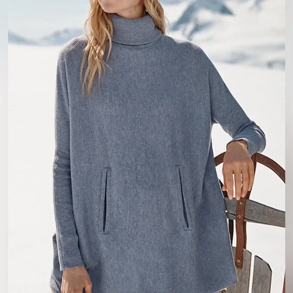 Garnet Hill Sweater Blue Wool Cashmere Oversized Turtleneck Pockets Casual MD - Picture 9 of 12